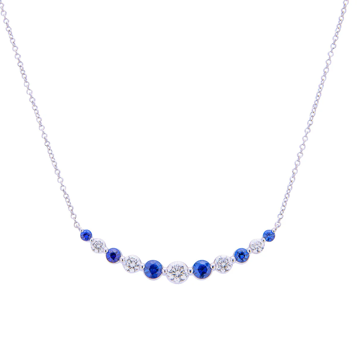 Sabel Collection White Gold Round Diamond and Sapphire Curved Bar Necklace