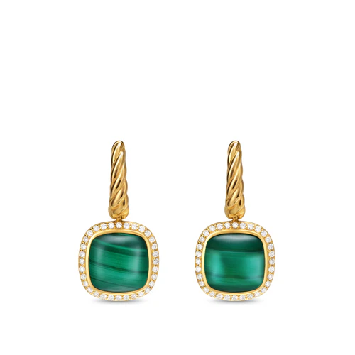 Albion Drop Earrings in 18K Yellow Gold with Malachite and Diamonds, 10mm