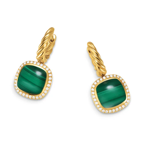 Albion Drop Earrings in 18K Yellow Gold with Malachite and Diamonds, 10mm - Image 3