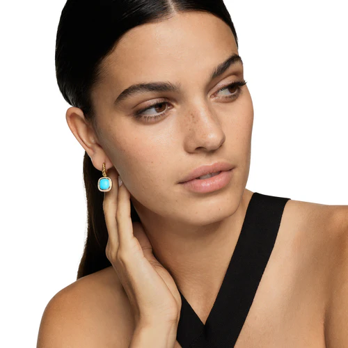 Albion Drop Earrings in 18K Yellow Gold with Turquoise and Diamonds, 10mm - Image 5