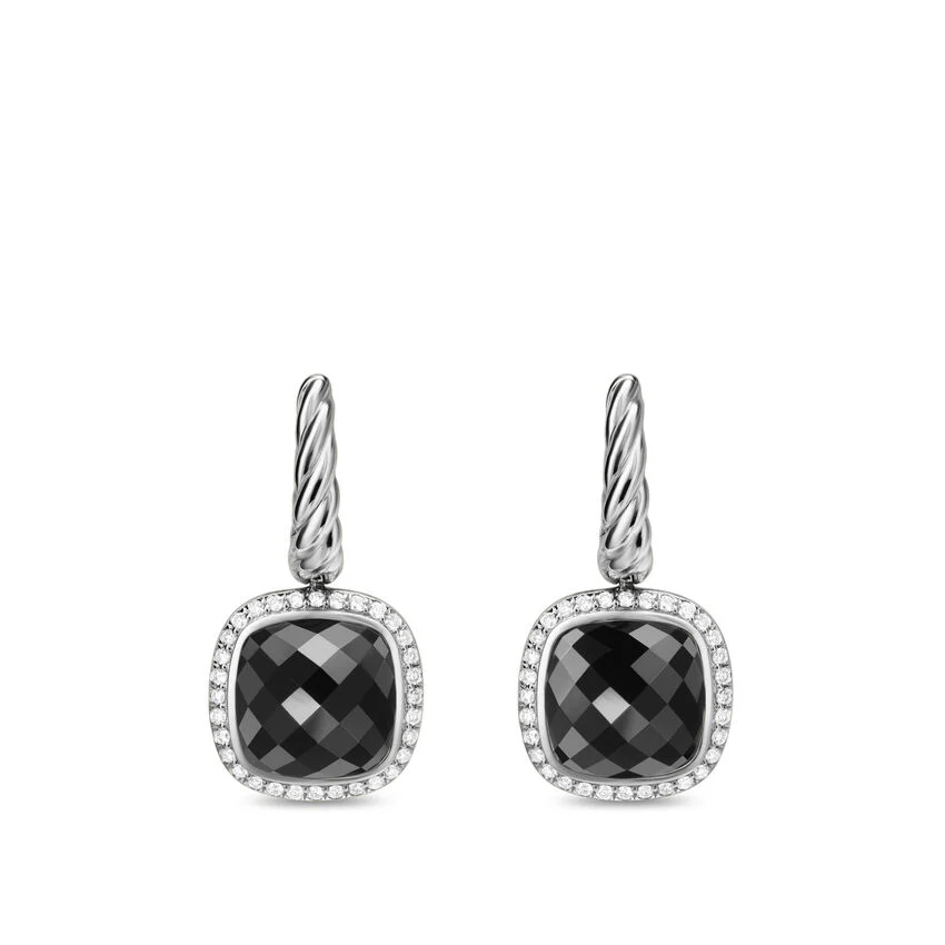 Albion Drop Earrings in Sterling Silver with Black Onyx and Diamonds, 10mm