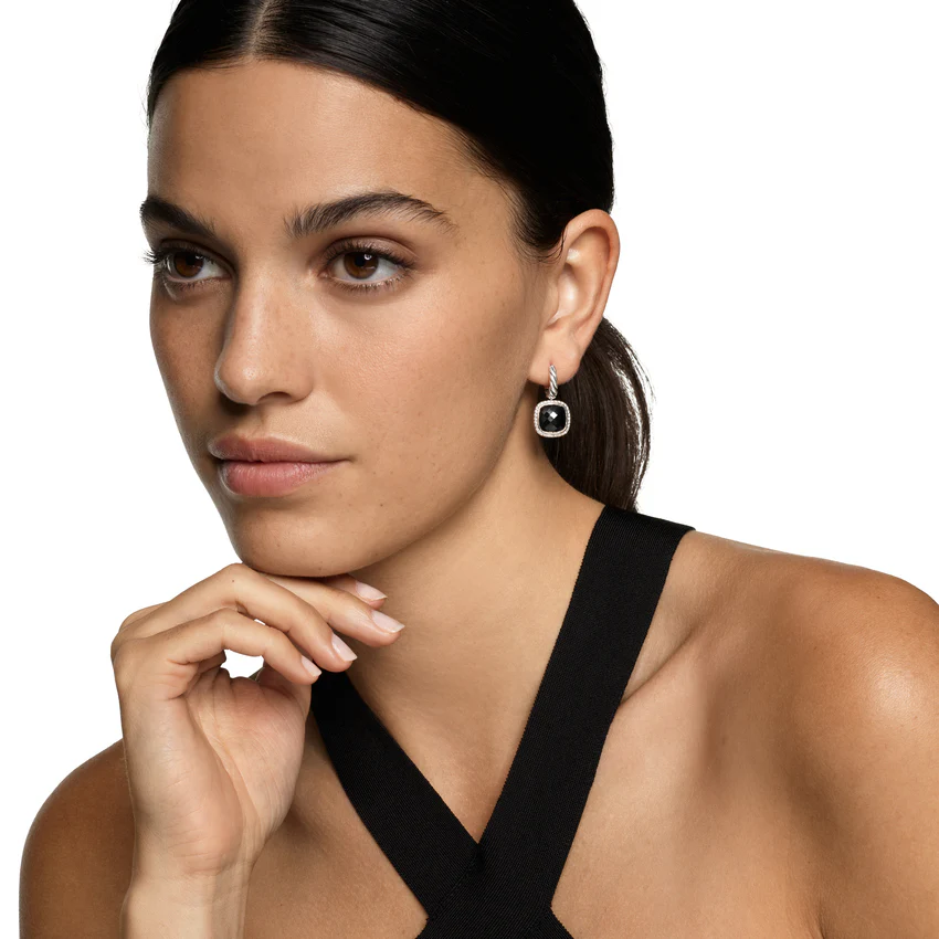 Albion Drop Earrings in Sterling Silver with Black Onyx and Diamonds, 10mm - Image 4