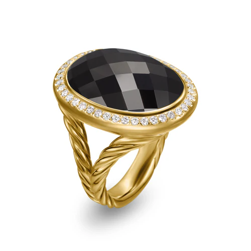 Albion Oval Ring in 18K Yellow Gold with Black Onyx and Diamonds, 21mm - Image 2