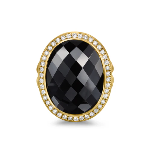 Albion Oval Ring in 18K Yellow Gold with Black Onyx and Diamonds, 21mm - Image 3