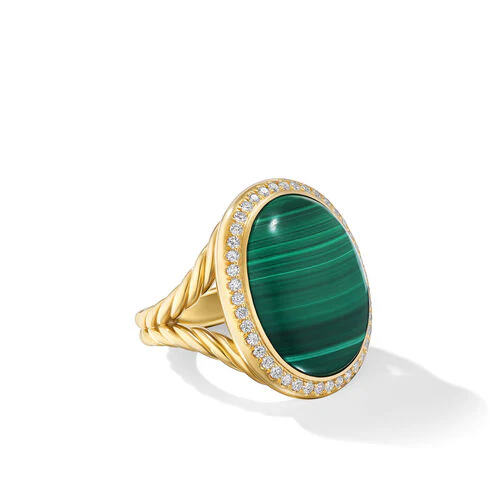 Albion Oval Ring in 18K Yellow Gold with Malachite and Diamonds, 21mm