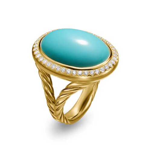 Albion Oval Ring in 18K Yellow Gold with Turquoise and Diamonds, 21mm - Image 2