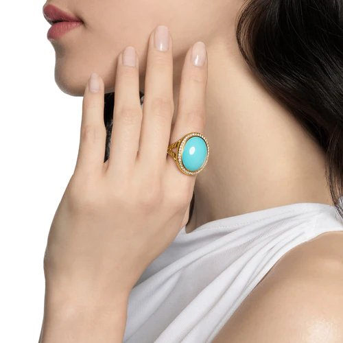 Albion Oval Ring in 18K Yellow Gold with Turquoise and Diamonds, 21mm - Image 5
