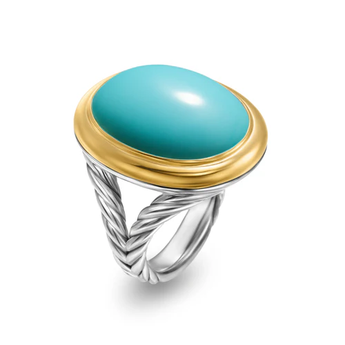 Albion Oval Ring in Sterling Silver with 18K Yellow Gold and Turquoise, Size 6 - Image 2