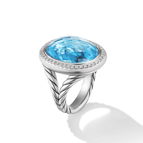 Albion Oval Ring in Sterling Silver with Blue Topaz and Diamonds, 21mm - Image 2