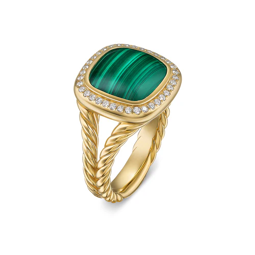Albion Ring in 18K Yellow Gold with Malachite and Diamonds, 11mm, Size 6 - Image 4