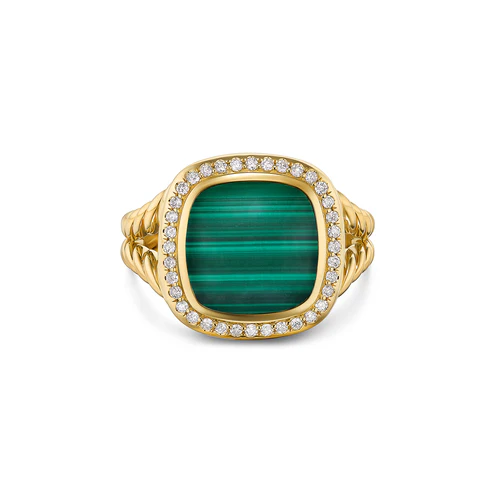 Albion Ring in 18K Yellow Gold with Malachite and Diamonds, 11mm, Size 7 - Image 2