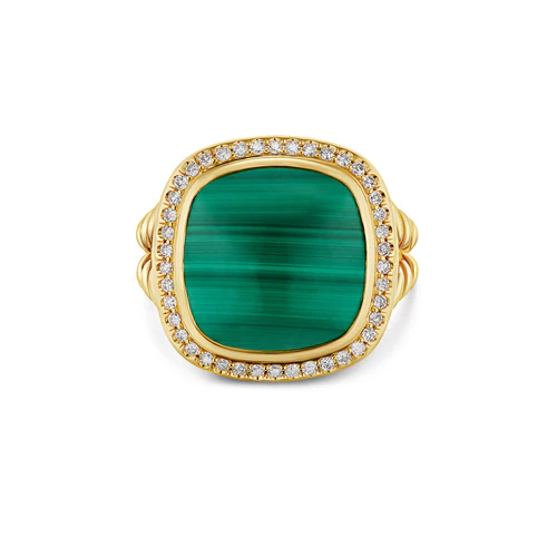 Albion Ring in 18K Yellow Gold with Malachite and Diamonds, 15mm, Size 7 - Image 2