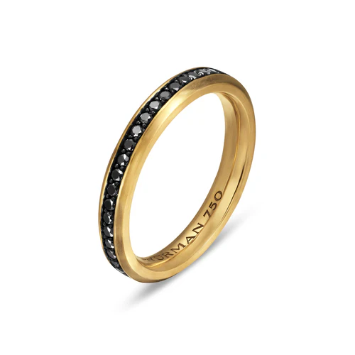 Beveled Band Ring in 18K Yellow Gold with Black Diamonds, 3.5mm, Size 8 - Image 3
