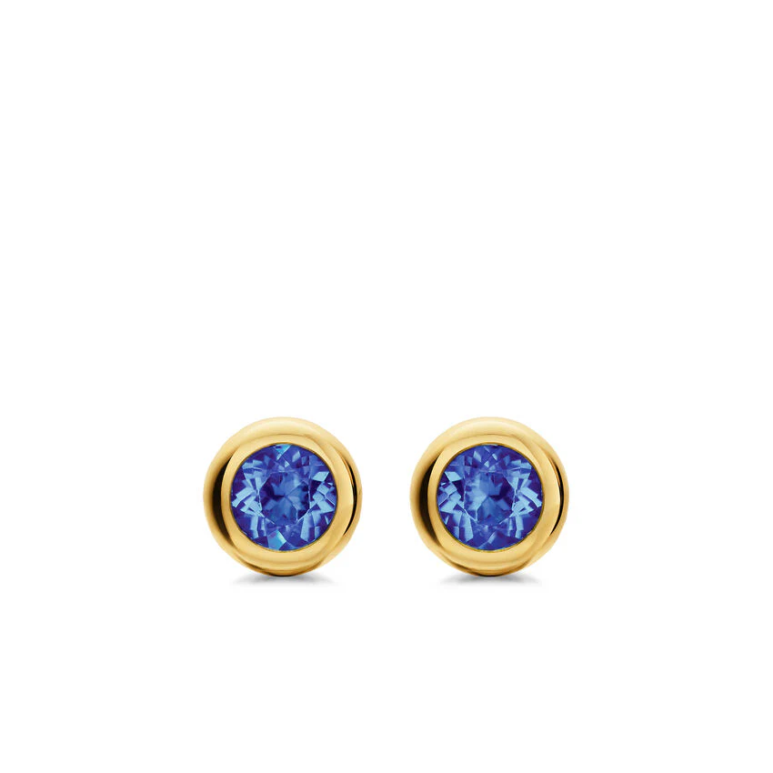 Bezel Set Stud Earrings in 18K Yellow Gold with Tanzanite, 6.6mm