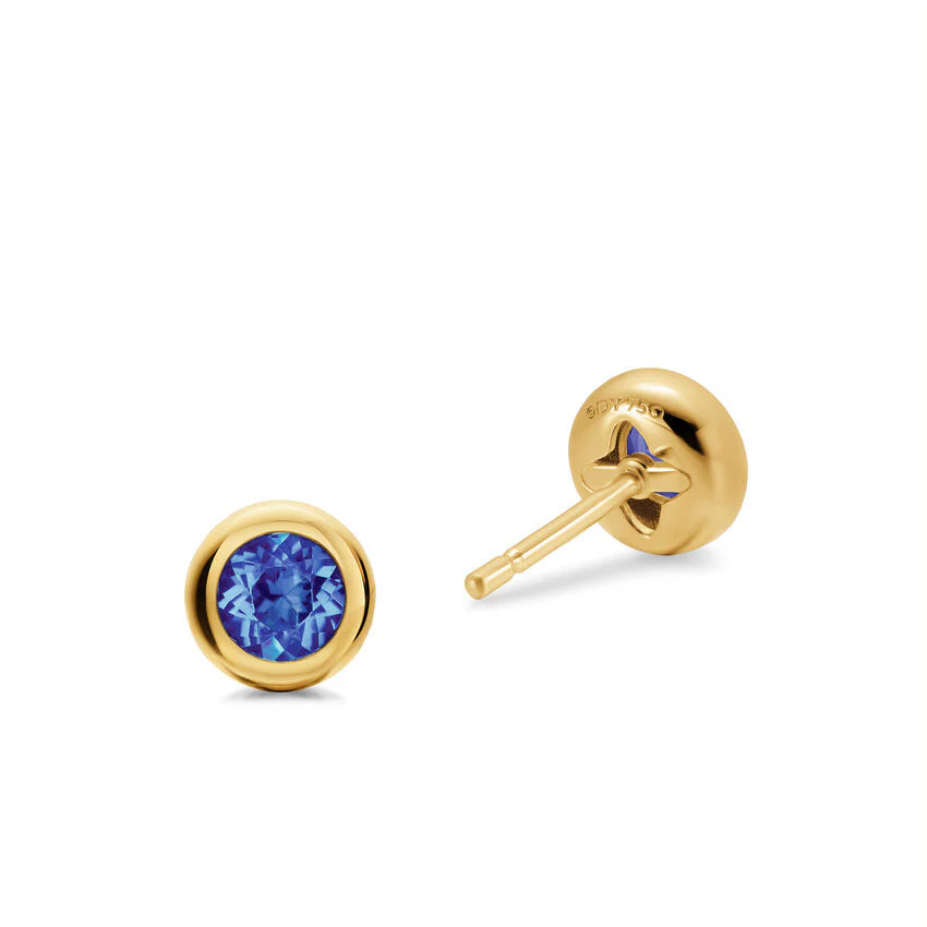 Bezel Set Stud Earrings in 18K Yellow Gold with Tanzanite, 6.6mm - Image 2