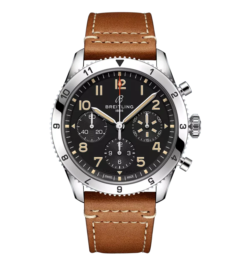 Breitling Classic AVI Chronograph 42 P-51 Mustang Watch with a Gold Brown Leather Strap