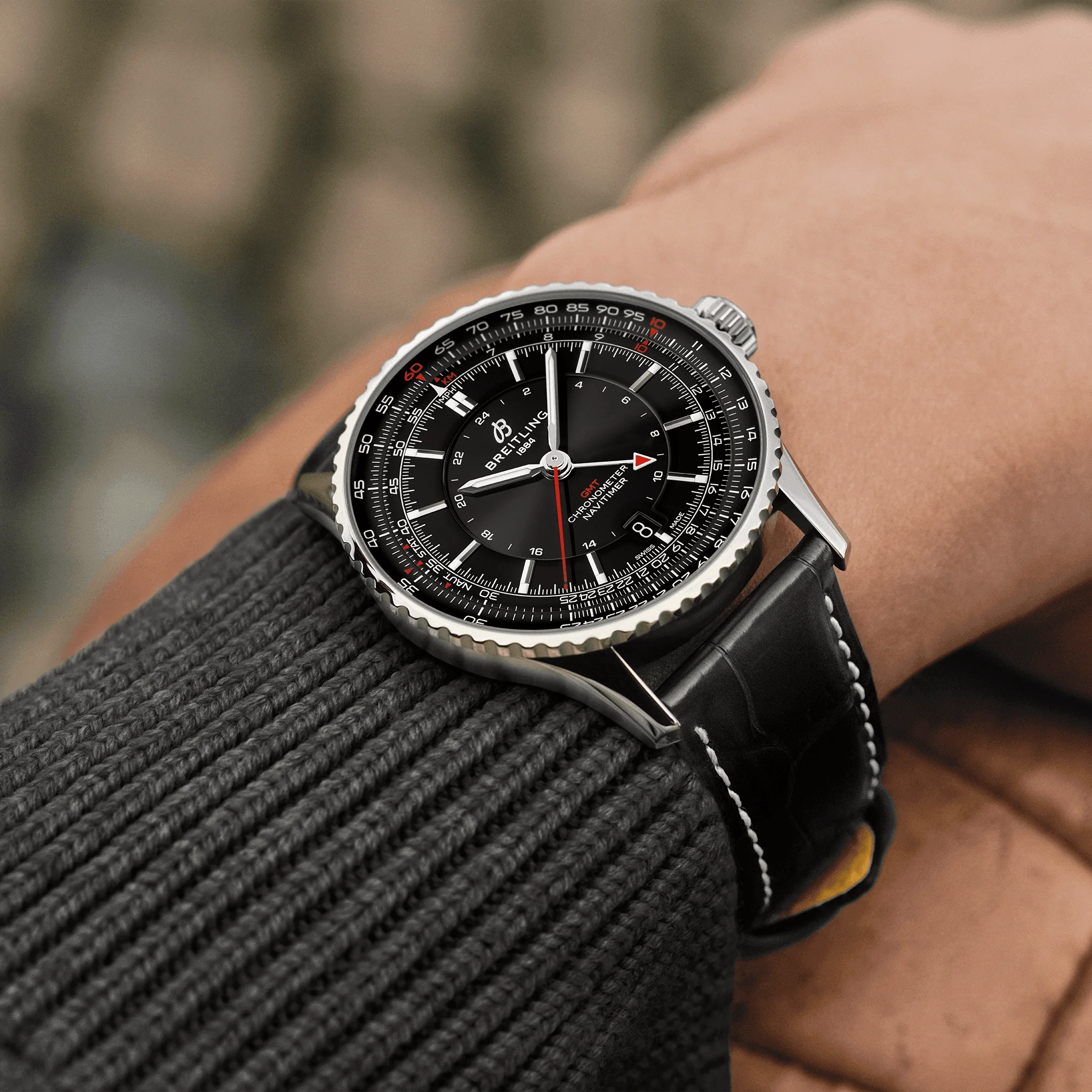 Breitling Navitimer Automatic GMT 41 Watch with Black Leather Strap - Image 5
