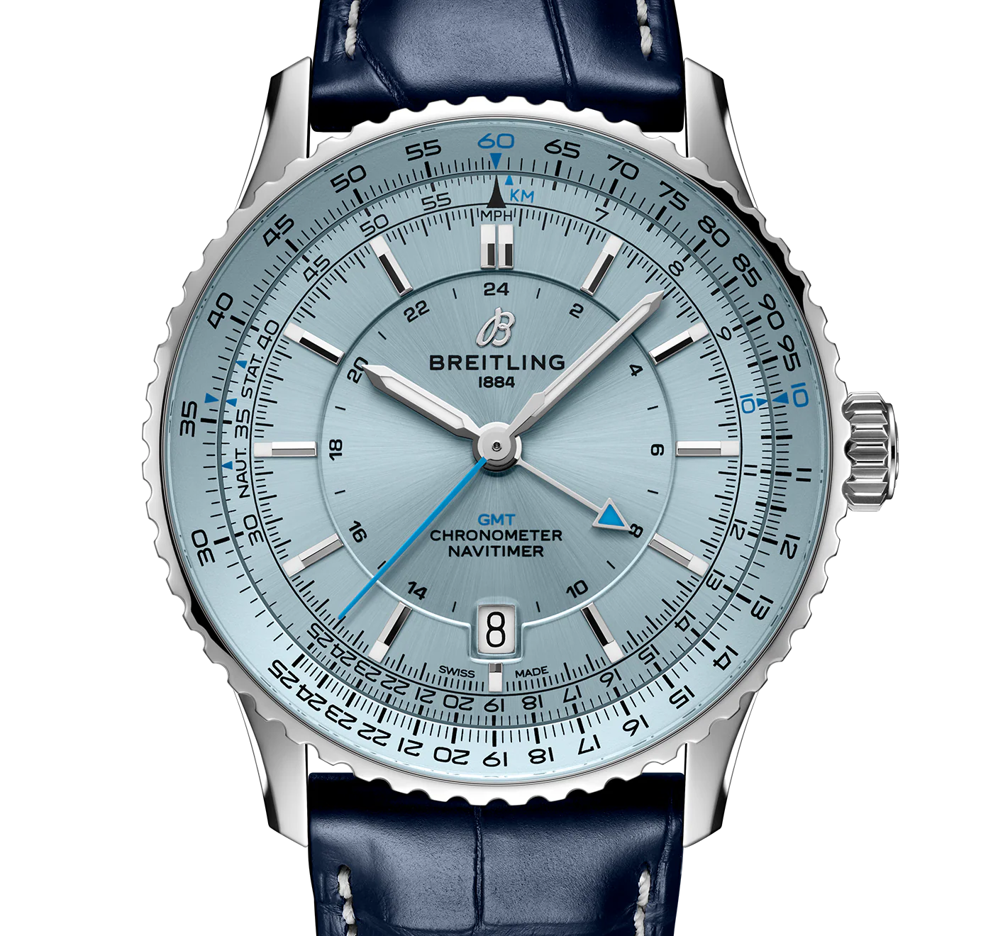 Breitling Navitimer Automatic GMT 41 Watch with Navy Leather Strap - Image 6