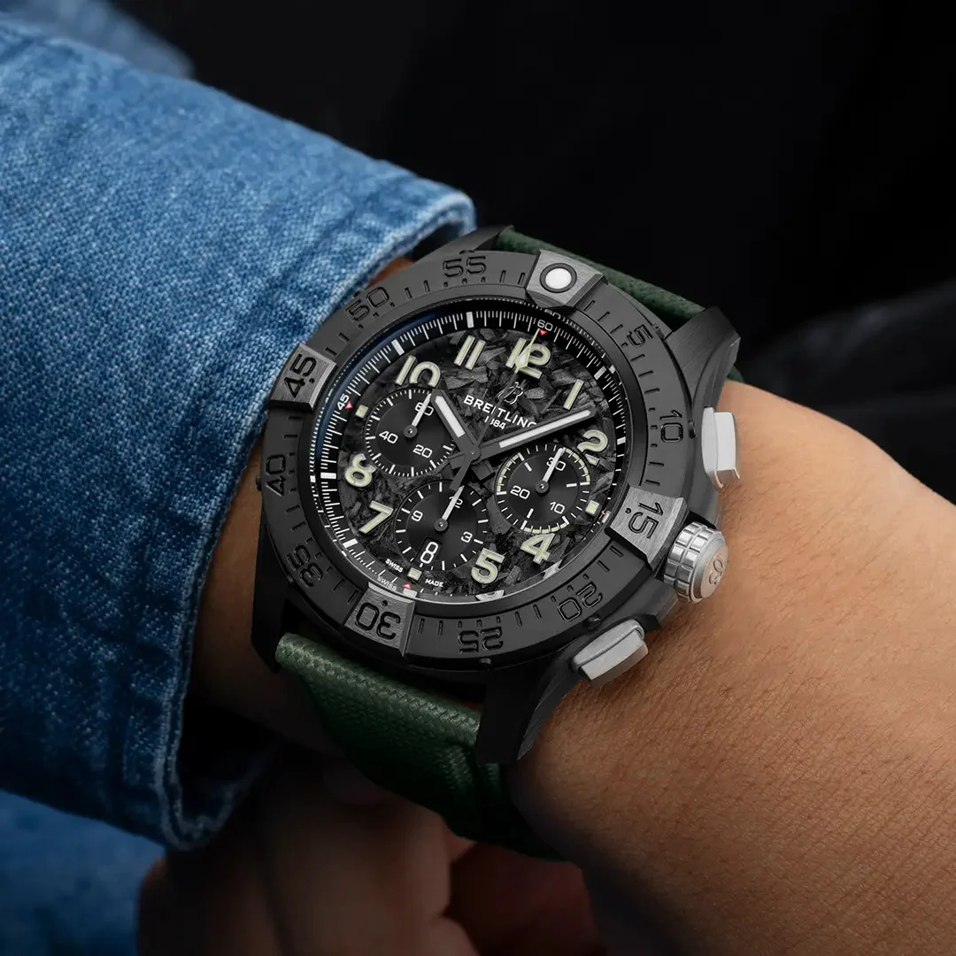 Breitling Super Avenger B01 Chronograph 46 Night Mission Watch with Khaki Green Leather Strap - Image 5