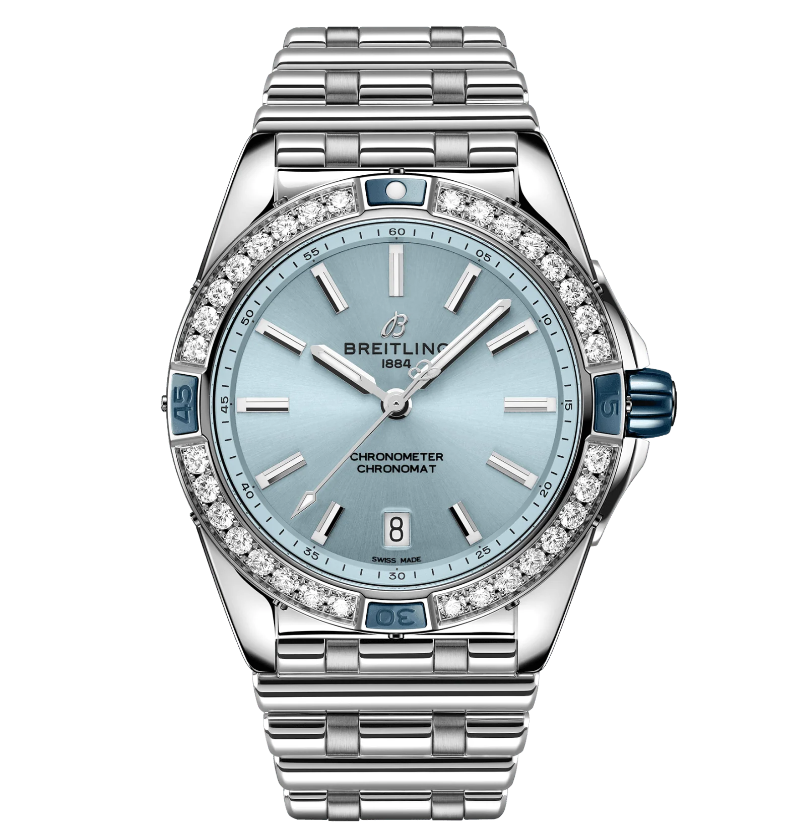 Breitling Super Chronomat 38mm Diamond Watch with Light Blue Dial