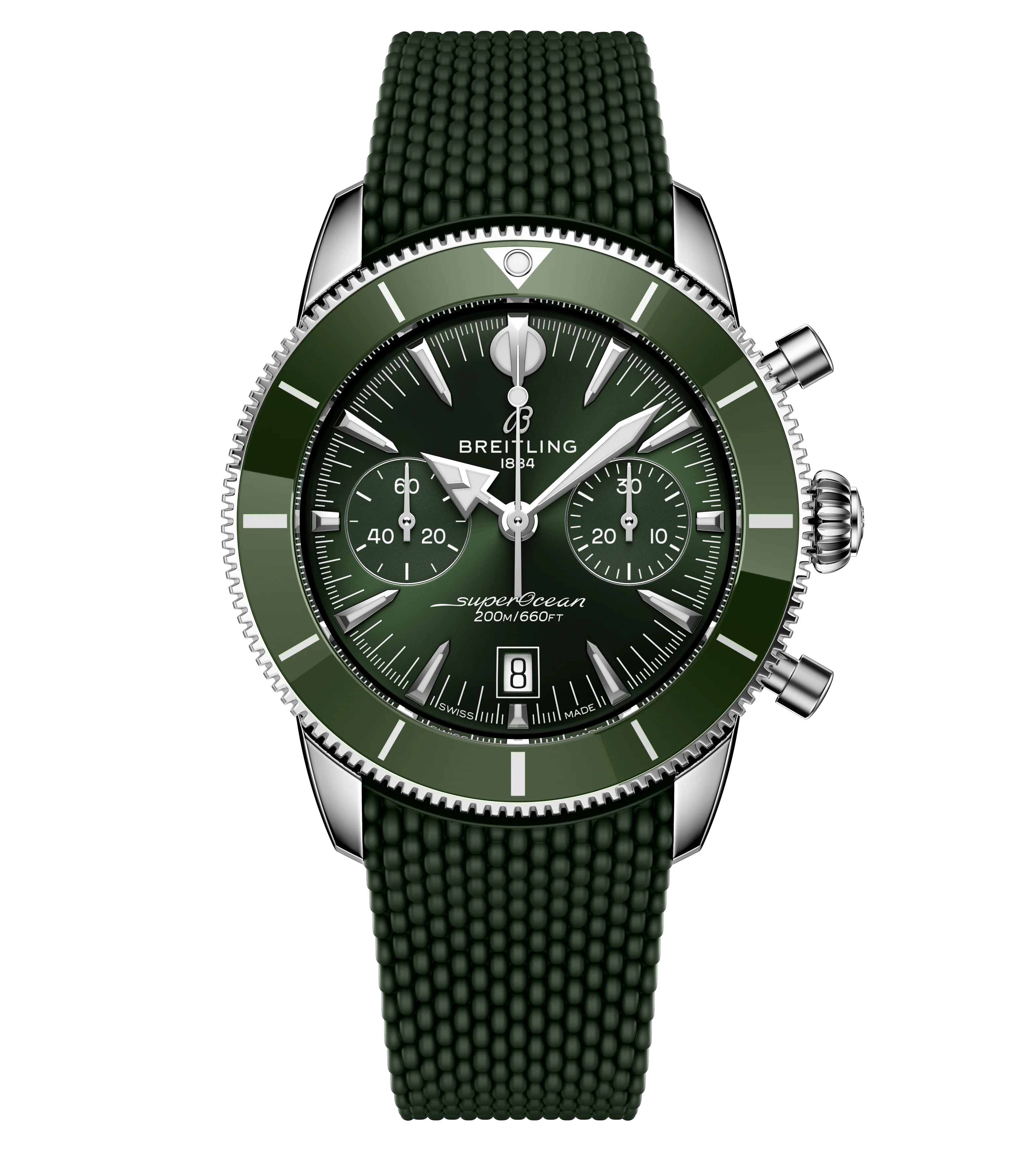 Breitling Superocean Heritage B01 Chronograph 42 Watch with Green Mesh Rubber Strap