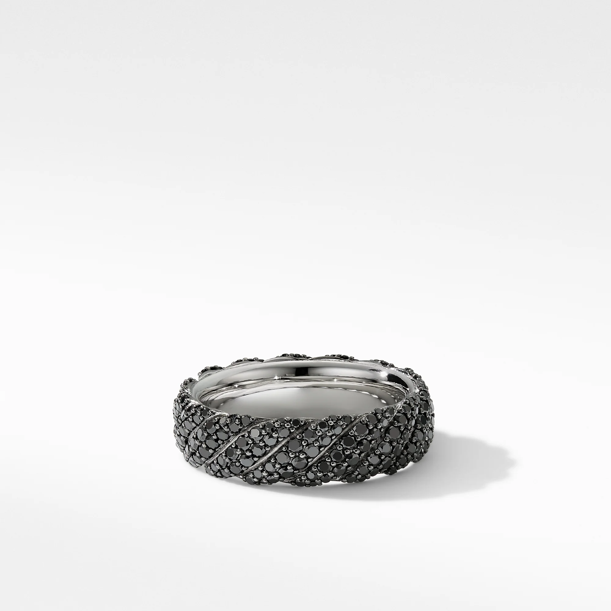 Cable Band Ring in 18K White Gold with Pavé Black Diamonds, Size 8