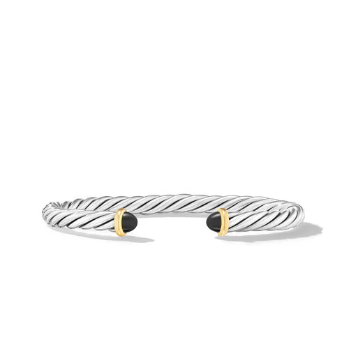 Cable Cuff Bracelet in Sterling Silver with 14K Yellow Gold and Black Onyx, 6mm - Image 2