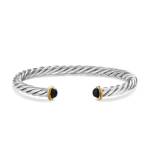 Cable Cuff Bracelet in Sterling Silver with 14K Yellow Gold and Black Onyx, 6mm, Size Large - Image 2
