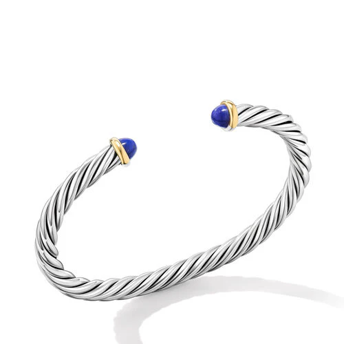 Cable Cuff Bracelet in Sterling Silver with 14K Yellow Gold and Lapis, 6mm - Image 2