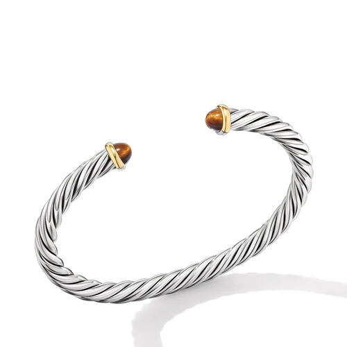Cable Cuff Bracelet in Sterling Silver with 14K Yellow Gold and Tiger's Eye, Size Medium - Image 2