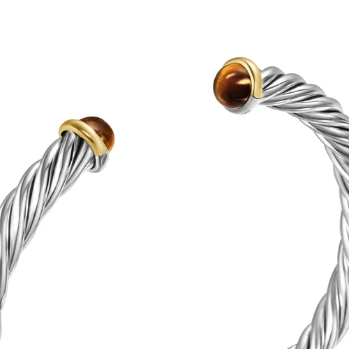 Cable Cuff Bracelet in Sterling Silver with 14K Yellow Gold and Tiger's Eye, Size Large - Image 3