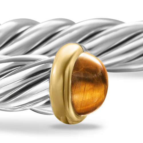 Cable Cuff Bracelet in Sterling Silver with 14K Yellow Gold and Tiger's Eye, Size Large - Image 4