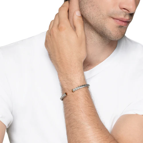 Cable Cuff Bracelet in Sterling Silver with 14K Yellow Gold and Tiger's Eye, Size Medium - Image 5