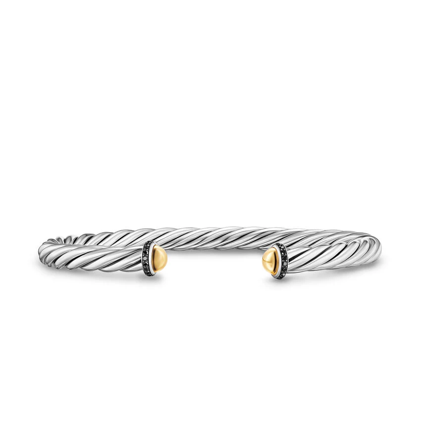 Cable Cuff in Sterling Silver with 14K Yellow Gold and Black Diamonds, 6mm, Size Medium