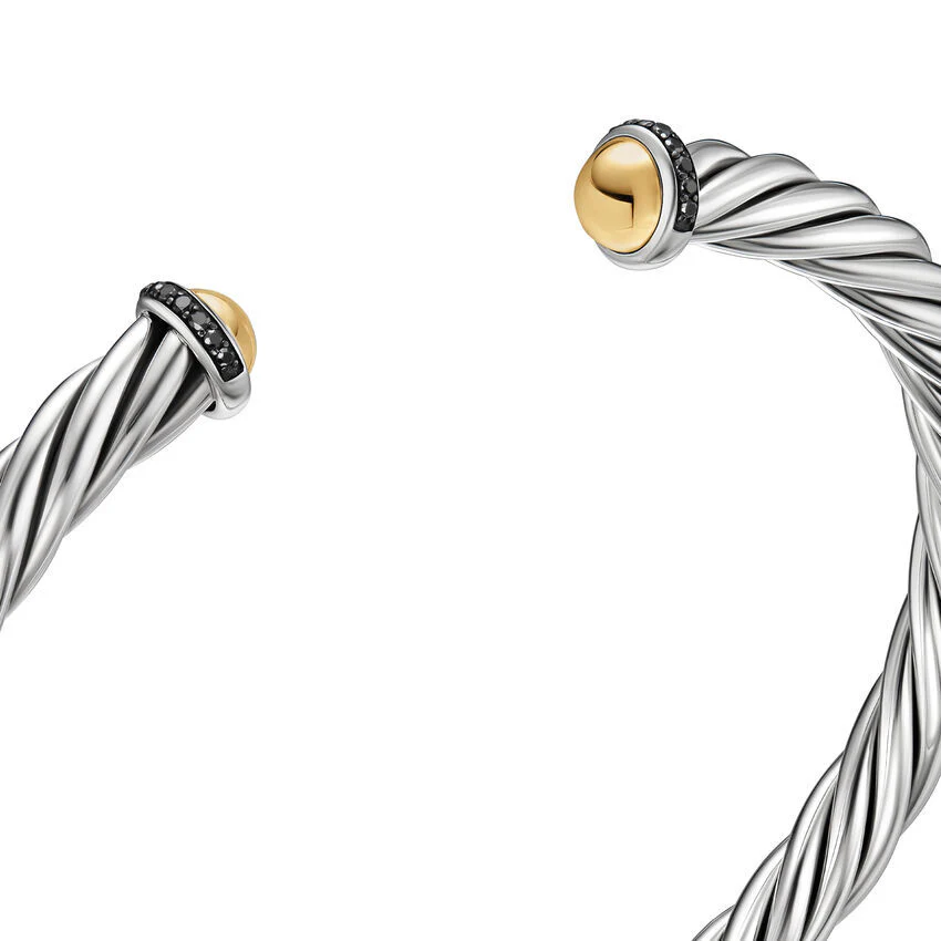 Cable Cuff in Sterling Silver with 14K Yellow Gold and Black Diamonds, 6mm, Size Medium - Image 2