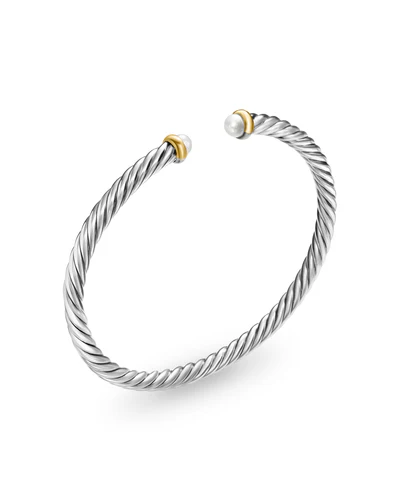 Cable Flex Bracelet in Sterling Silver with 14K Yellow Gold and Pearls, 4mm - Image 2