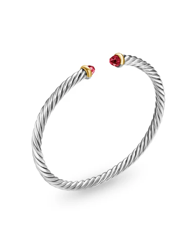 Cable Flex Bracelet in Sterling Silver with 14K Yellow Gold and Rhodolite Garnet, 4mm - Image 2