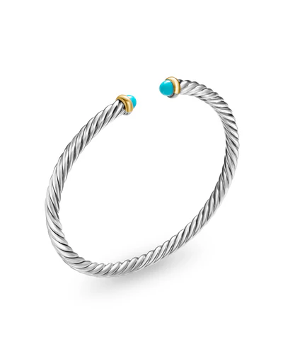 Cable Flex Bracelet in Sterling Silver with 14K Yellow Gold and Turquoise, 4mm - Image 2