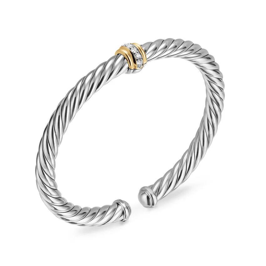 Cable Flex Center Station Cuff in Sterling Silver with 14K Yellow Gold and Diamonds, 6mm, Size Medium - Image 2