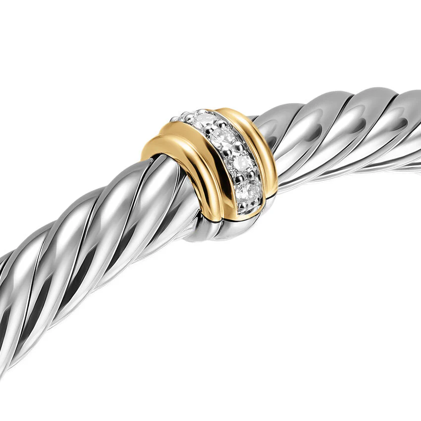 Cable Flex Center Station Cuff in Sterling Silver with 14K Yellow Gold and Diamonds, 6mm, Size Medium - Image 3