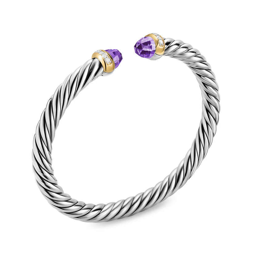Cable Flex Cuff in Sterling Silver with 14K Yellow Gold, Amethyst and Diamonds, 6mm, Size Medium - Image 2