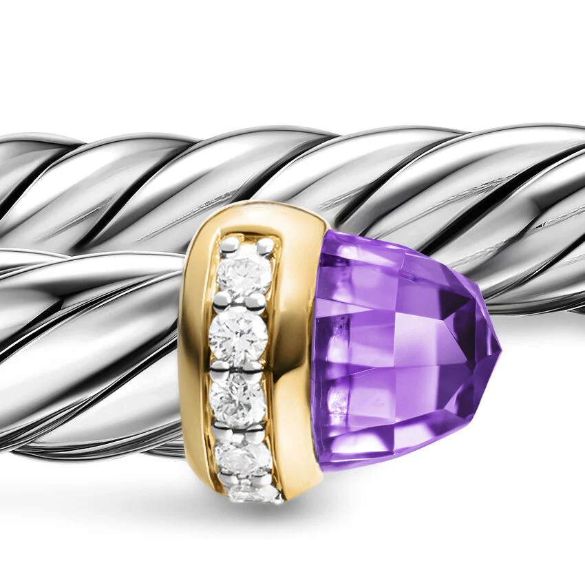 Cable Flex Cuff in Sterling Silver with 14K Yellow Gold, Amethyst and Diamonds, 6mm, Size Medium - Image 3