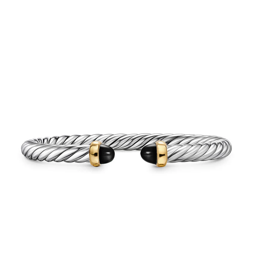 Cable Flex Cuff in Sterling Silver with 14K Yellow Gold and Black Onyx, 6mm, Size Medium