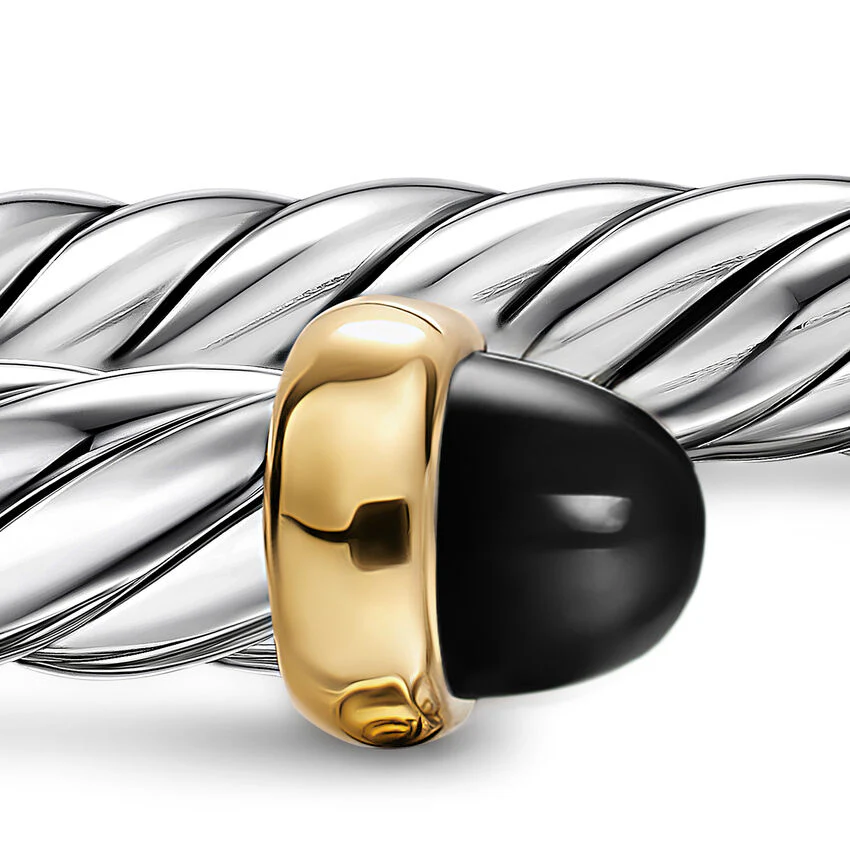 Cable Flex Cuff in Sterling Silver with 14K Yellow Gold and Black Onyx, 6mm, Size Medium - Image 3