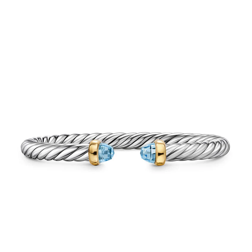 Cable Flex Cuff in Sterling Silver with 14K Yellow Gold and Blue Topaz, 6mm, Size Small