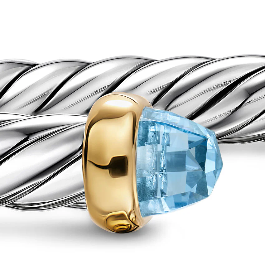 Cable Flex Cuff in Sterling Silver with 14K Yellow Gold and Blue Topaz, 6mm, Size Small - Image 3
