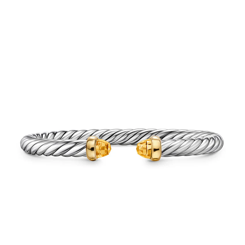 Cable Flex Cuff in Sterling Silver with 14K Yellow Gold and Citrine, 6mm, Size Medium