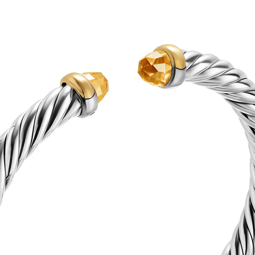 Cable Flex Cuff in Sterling Silver with 14K Yellow Gold and Citrine, 6mm, Size Medium - Image 2