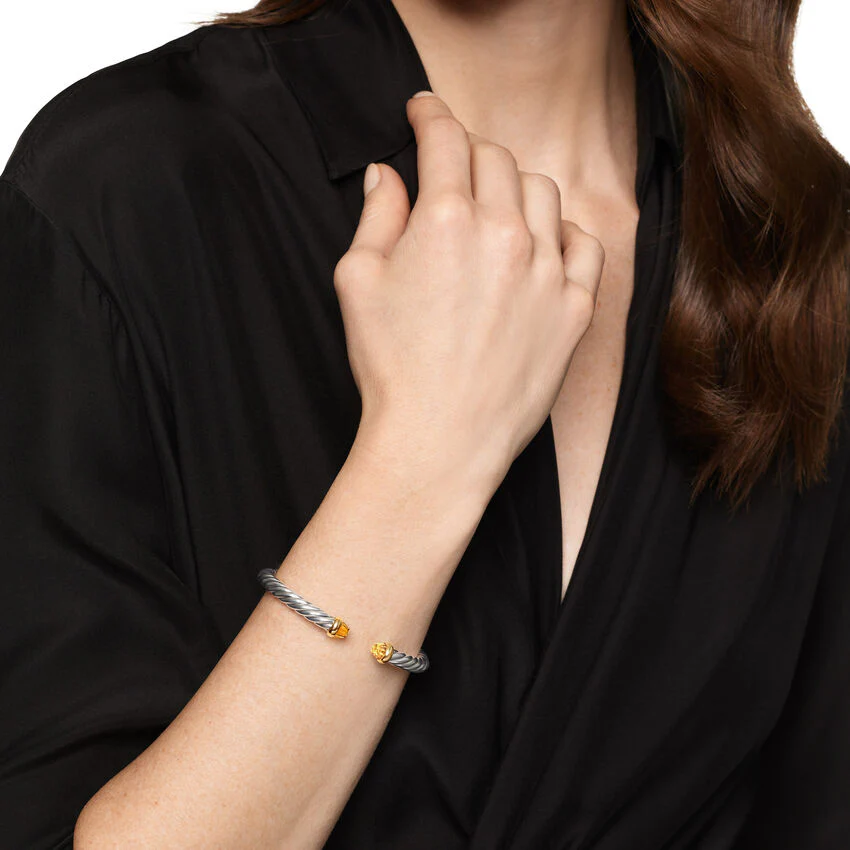 Cable Flex Cuff in Sterling Silver with 14K Yellow Gold and Citrine, 6mm, Size Medium - Image 4