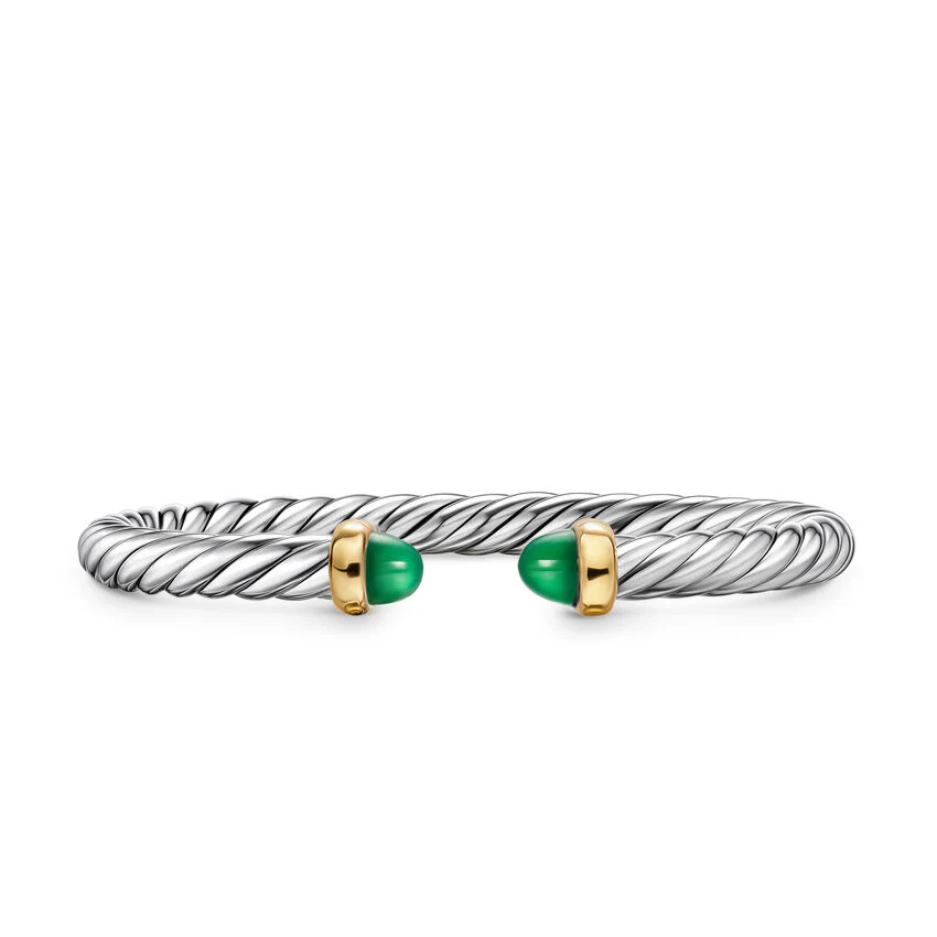 Cable Flex Cuff in Sterling Silver with 14K Yellow Gold and Green Onyx, 6mm, Size Small